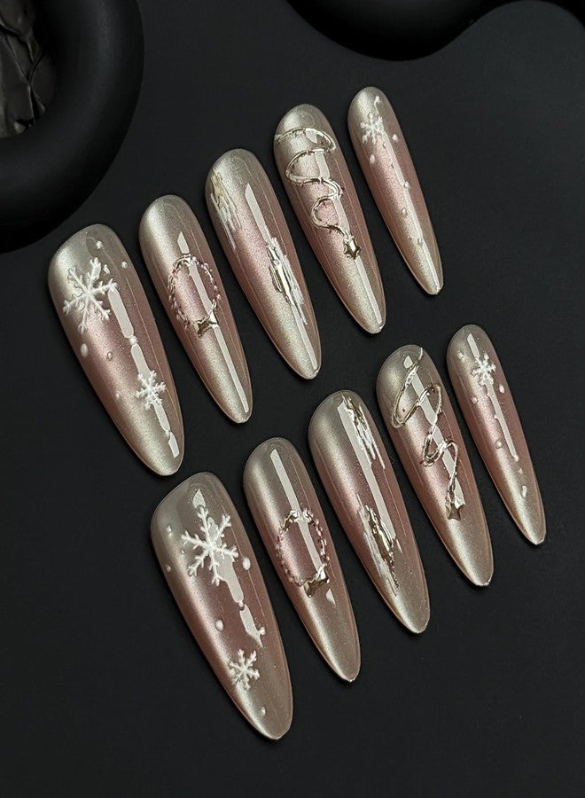 LYLYNB 30Pcs Christmas Snowflake Press on Nails Long Cute Fake Nails Almond Shape Glue on Nails Winter Xmas False Nail Tips Wreath Christmas Tree Pattern Stick on Nails for Women Holiday Nail Art - Image 1