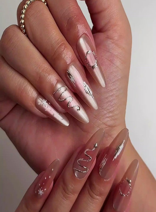 LYLYNB 30Pcs Christmas Snowflake Press on Nails Long Cute Fake Nails Almond Shape Glue on Nails Winter Xmas False Nail Tips Wreath Christmas Tree Pattern Stick on Nails for Women Holiday Nail Art - Image 4