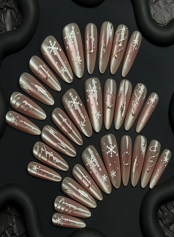 LYLYNB 30Pcs Christmas Snowflake Press on Nails Long Cute Fake Nails Almond Shape Glue on Nails Winter Xmas False Nail Tips Wreath Christmas Tree Pattern Stick on Nails for Women Holiday Nail Art - Image 2