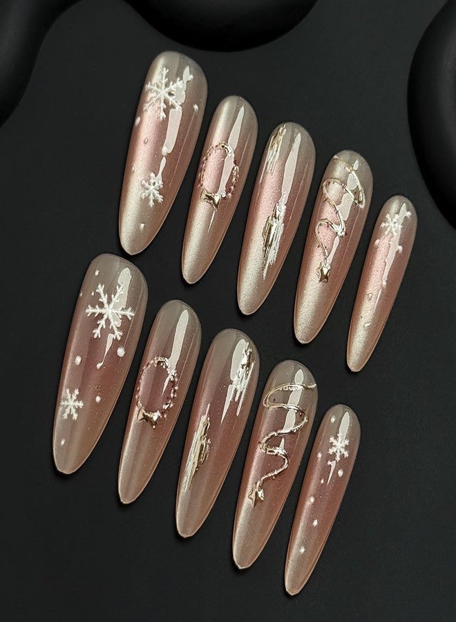 LYLYNB 30Pcs Christmas Snowflake Press on Nails Long Cute Fake Nails Almond Shape Glue on Nails Winter Xmas False Nail Tips Wreath Christmas Tree Pattern Stick on Nails for Women Holiday Nail Art - Image 5