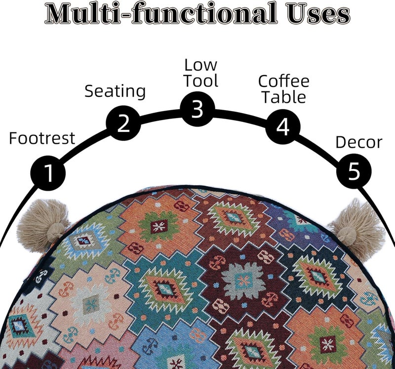 Artbloss Boho Unstuffed Pouf Cover Ottoman Footrest Indian Mexcian Foot Stool Floor Bean Bag Floor Chair Storage for Living Room Bedroom Decor (Boho Plaid, Round) - Image 3