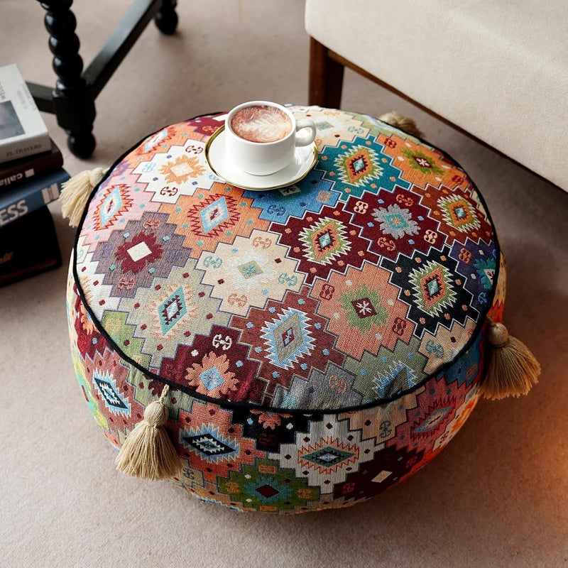 Artbloss Boho Unstuffed Pouf Cover Ottoman Footrest Indian Mexcian Foot Stool Floor Bean Bag Floor Chair Storage for Living Room Bedroom Decor (Boho Plaid, Round) - Image 1