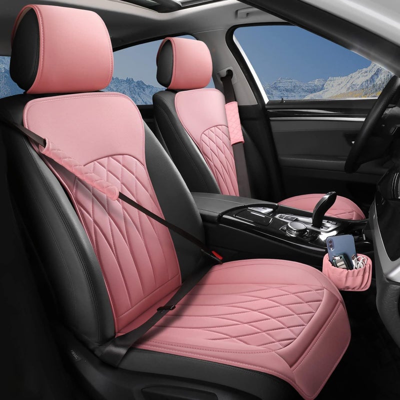 BEITK 2 Pack Leather Front Car Seat Covers, Universal Sideless Car Seat Protectors with Storage Pocket and Seat Belt Pads, Waterproof Automotive Seat Cover for Cars Trucks SUV(Pink) - Image 5
