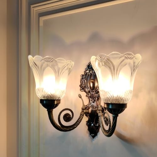 SINOMAN Wall Lights for Home Decoration | Classic Antique Wall Sconce with Dual Glass Lamps | Elegant 2-Light Decorative Wall Fixture for Living Room & Bedroom | Vintage Metal Wall Light (with Bulb) - Image 1