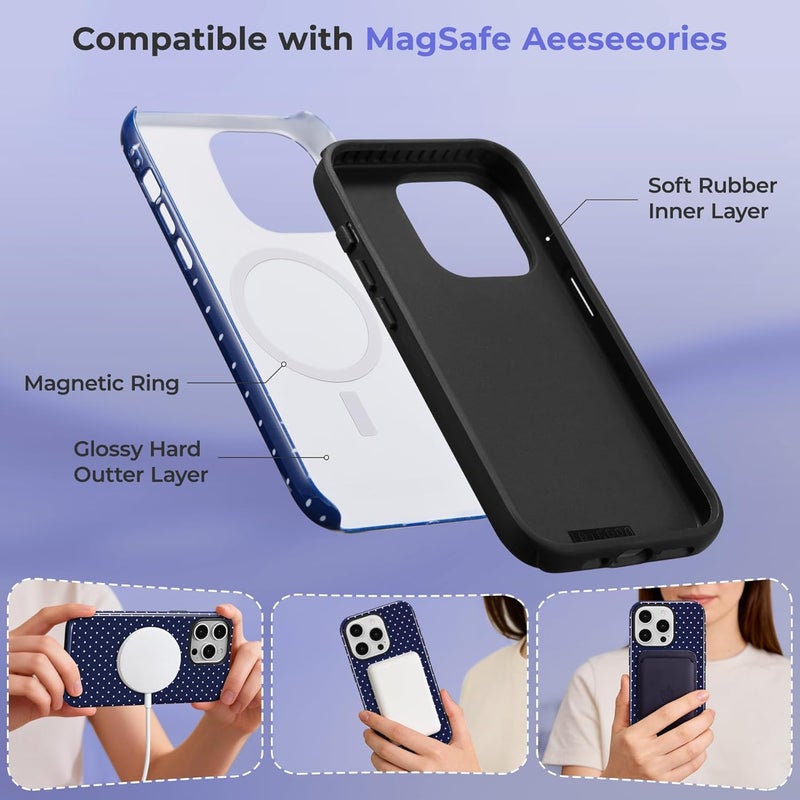 حافظة مغناطيسية من لهاتف iPhone 15 Pro، بتصميم نقاط متناثرة جميل، مناسبة للفتيات والنساء، تتوافق مع خاصية Magsafe، غطاء واقي صلب من البلاستيك الخالي من الرصاص (PC) مع طبقة ناعمة من TPU، لهاتف iPhone 15 – اللون الأزرق البحري. - Image 3
