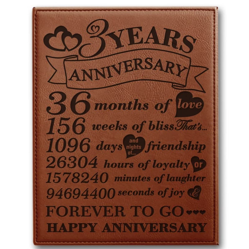 BELLA BUSTA 3 Years AnniversaryYears Months Weeks Days Hours Minutes Seconds 3rd Wedding Anniversary Engraved Leather Plaque 7 x 9 Vertical Rawhide