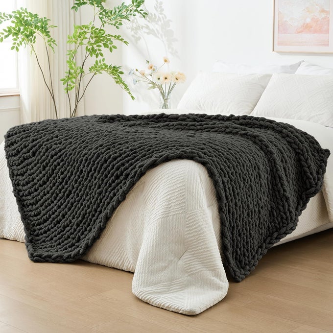 CHUNKY KNIT THROW BLANKET FOR COUCH 60X80 INCHES 100 HAND KNITTED WITH THICK JUMBO CHENILLE YARN COZY SOFT LARGE ROPE KNOT CABLE CROCHET BLANKETS FOR SOFA BED LIVING ROOM DARK GREY