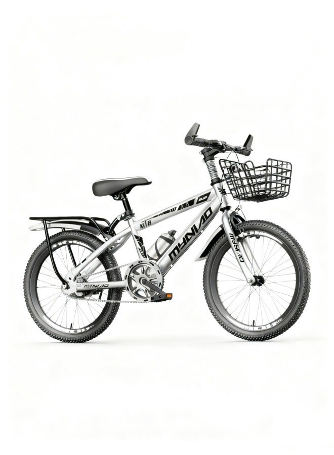 Sandinrayli Kids Bike 18 Inch, Mountain Bike 7 Speed Bicycle with Passengers Rear Seat Adjustable Seat and Basket, Bike for 4-8 Years Boys and Girls (Silver) - Image 1