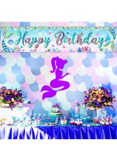 Tatuo Mermaid Banner Mermaid Happy Birthday Banner Under The Sea Girls Princess Party Decorations Background Photo Large Mermaid Glitter Banner For Birthday Party Supplies  - Image 5