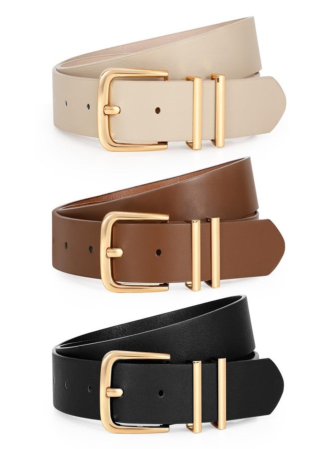 LEACOOLKEY 3 Pack Women's Leather Belts for Jeans Dress Pants Fashion Ladies Leather Belts with Gold Buckle - Image 1