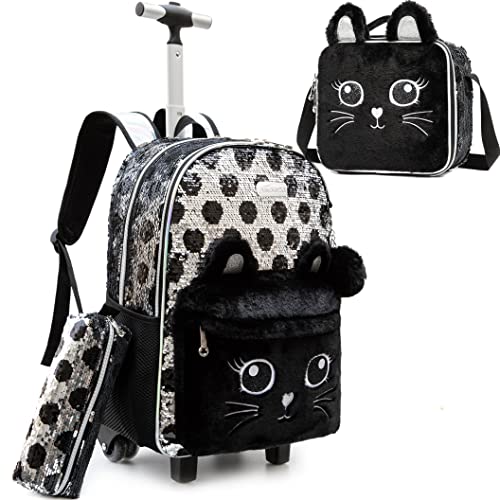 Meetbelify Kids Rolling Backpack for Girls Cute Sequin Cat Backpacks with Wheels for Elementary Students with Lunch Box for Girls - Image 1