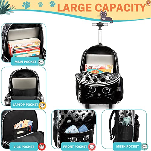 Meetbelify Kids Rolling Backpack for Girls Cute Sequin Cat Backpacks with Wheels for Elementary Students with Lunch Box for Girls - Image 4