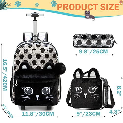Meetbelify Kids Rolling Backpack for Girls Cute Sequin Cat Backpacks with Wheels for Elementary Students with Lunch Box for Girls - Image 2