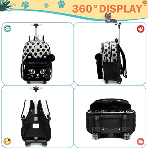 Meetbelify Kids Rolling Backpack for Girls Cute Sequin Cat Backpacks with Wheels for Elementary Students with Lunch Box for Girls - Image 3