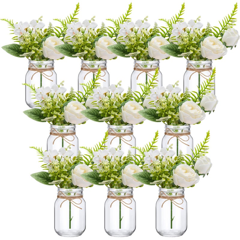 XunYee 10 Set Mason Jar Table Centerpiece with Flower Mason Jar Flower Centerpiece Vases Decor for Engagement Party Bridal Shower Centerpieces Wedding Reception Table DecorRose