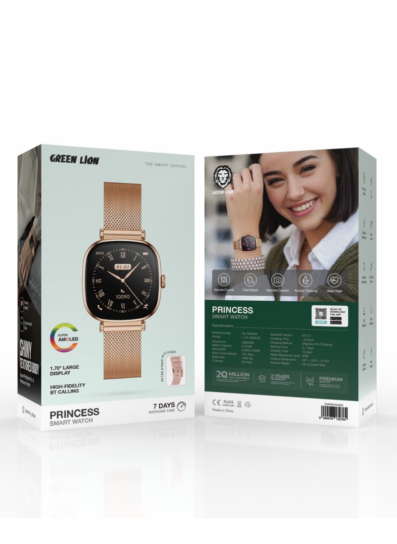 Princess Smart Watch with AMOLED Display and Extra Strap / Customizable Dials / Always-on display / Music Control / Raise Wrist Wake Screen / Volume Control / Remote Camera / Sleep Monitoring / GL-SWA38 - Gold