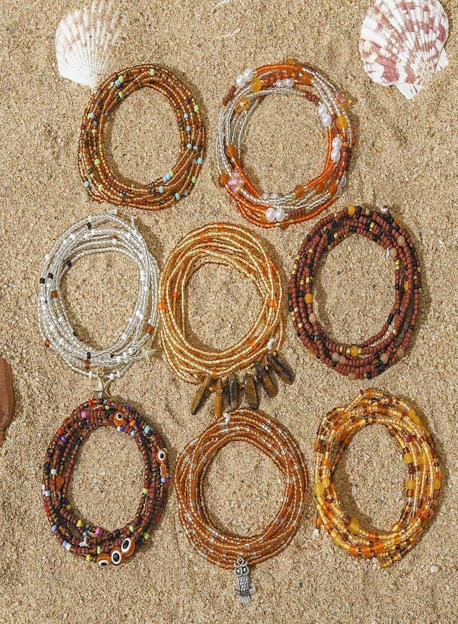 ELABEST 50” Tie-on African Waist Beads for Women Non Stretching 8Pcs Belly Beads Plus Size Colorful Handmade Beaded Waist Jewelry Accessories Body Chain(Brown) - Image 5