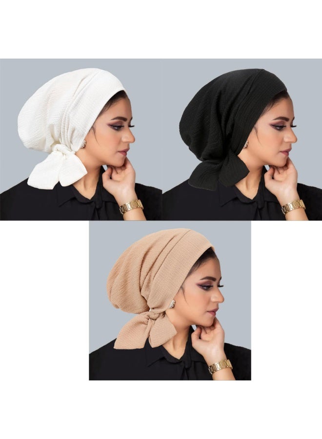 3 Pack Pre-Tied Head Wrap Turban Chemo Caps, Wave Pattern Polyester, White, Black, Beige, 58cm - Image 2
