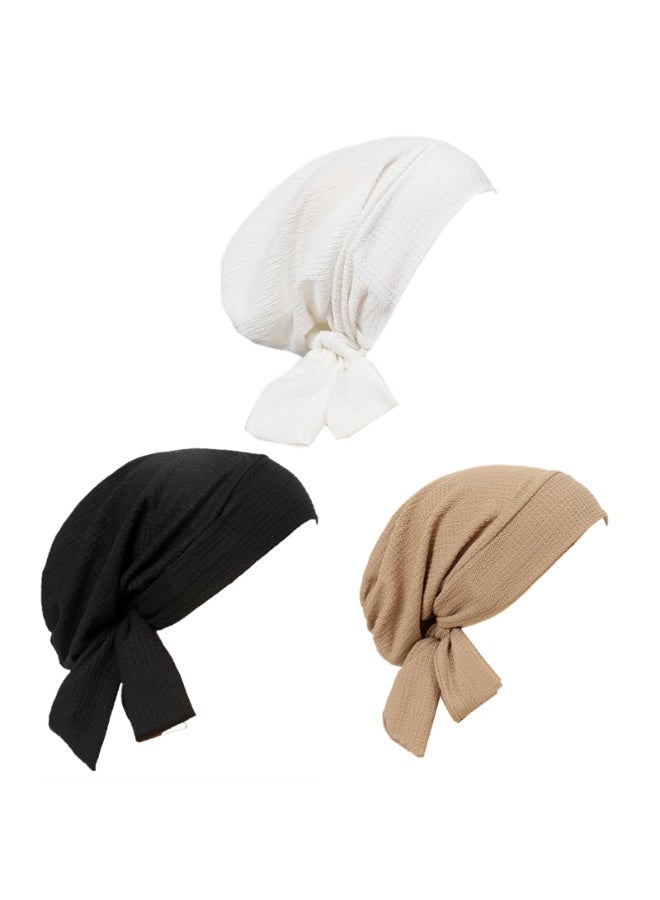 3 Pack Pre-Tied Head Wrap Turban Chemo Caps, Wave Pattern Polyester, White, Black, Beige, 58cm - Image 1