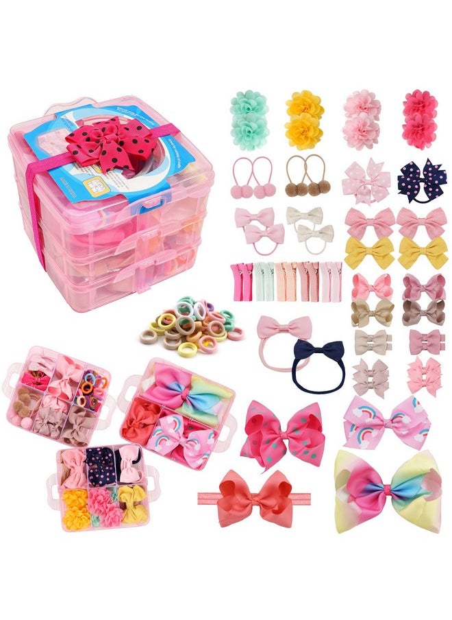 CELLOT - 3 Layer Gift Box For Toddlers Baby Girls Hair Accessories Included 4" Baby Headbands Girls 6" Cheer Bows Clip Teeager Extra Large 8" Hair Bows Elastic Tie Flower Clips Metal Clips(All in 1) - Image 1