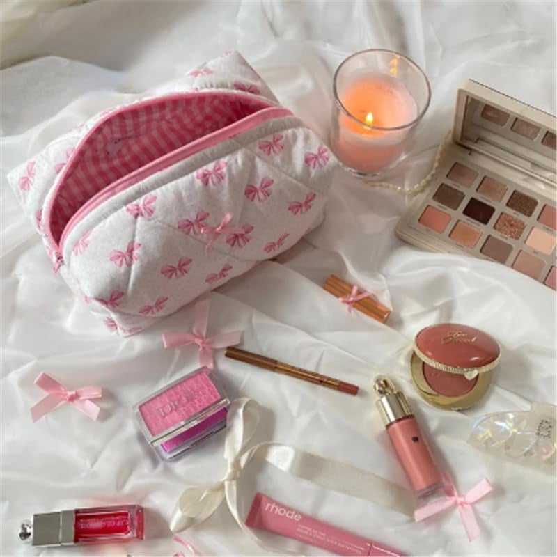 XPONNI Cute Quilted Bow Y2k Makeup Bag Coquette Small Pouch Preppy Floral Heart Cosmetic Bag Toiletry Organizer Bag (Color03) - Image 2