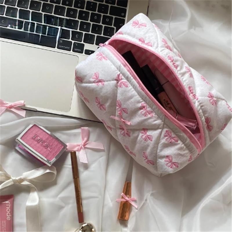 XPONNI Cute Quilted Bow Y2k Makeup Bag Coquette Small Pouch Preppy Floral Heart Cosmetic Bag Toiletry Organizer Bag (Color03) - Image 4