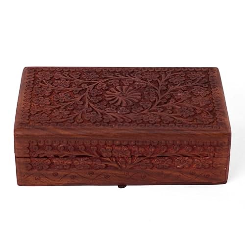 GURU JEE Wooden Indian Handmade Carving Wood Jewellery Organizer Keepsake Box Perfect Gifts For Women (FLWD_8X5) - Image 1