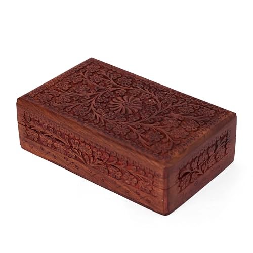 GURU JEE Wooden Indian Handmade Carving Wood Jewellery Organizer Keepsake Box Perfect Gifts For Women (FLWD_8X5) - Image 2