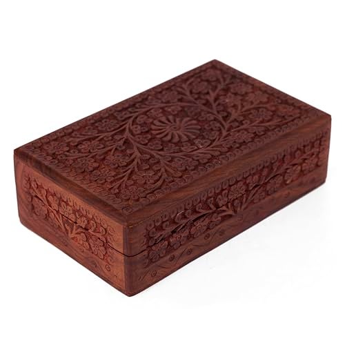 GURU JEE Wooden Indian Handmade Carving Wood Jewellery Organizer Keepsake Box Perfect Gifts For Women (FLWD_8X5) - Image 4