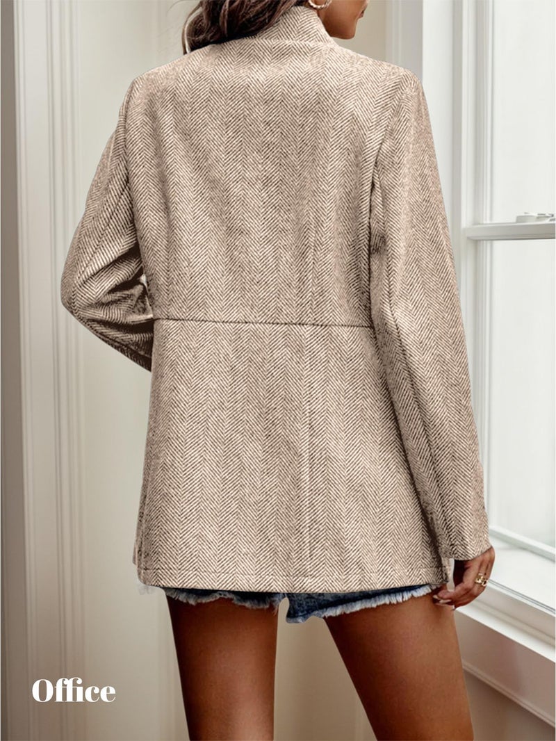 Mina Self Sweater Blazers Jacket for Women 2026 Fall Jackets Herringbone Tweed Long Womens Blazer Khaki Business Casual Work Professional Office Trendy Fashion Dressy Women's Blazers & Suit Jackets - Image 4