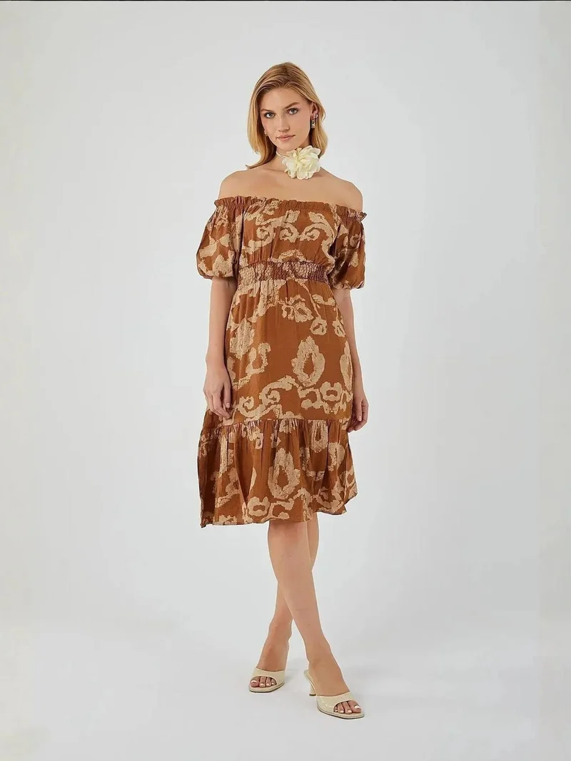 MixRay Mixray Floral Ruffled Off-Shoulder Midi Dress with Tie Detail