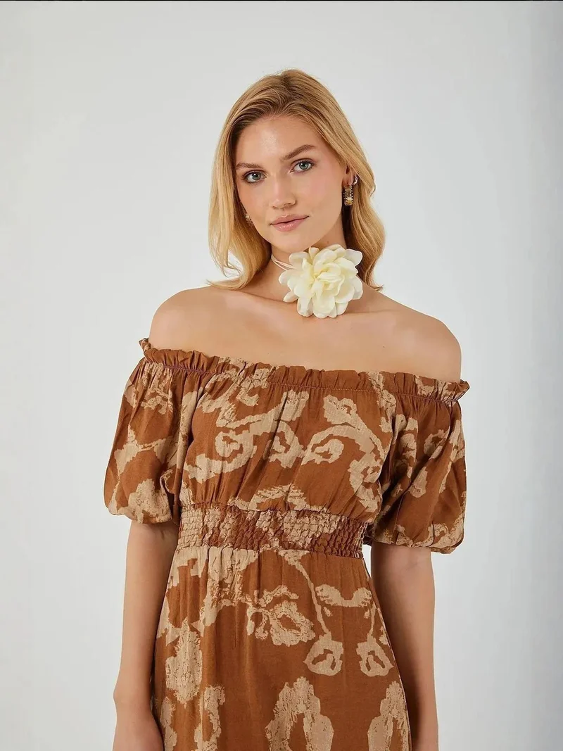 MixRay Mixray Floral Ruffled Off-Shoulder Midi Dress with Tie Detail
