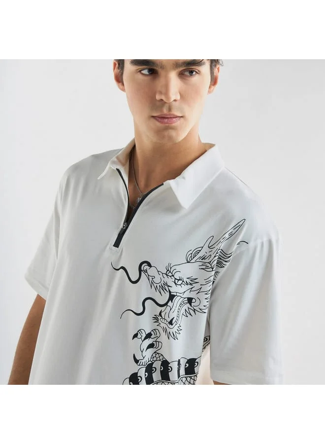 Splash FAV Dragon Print Polo T-shirt with Zip Closure and Short Sleeves