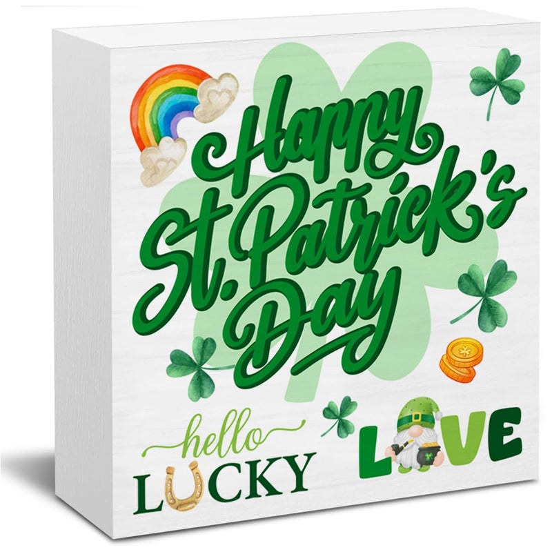 CIANMGD St. Patrick's Day Decorations  Happy St. Patrick's Day Wooden Block Sign  Shamrock Decorations  St. Patrick's Day Home Decor for Desk Table Shelf  5 X 5 Inches - Image 1