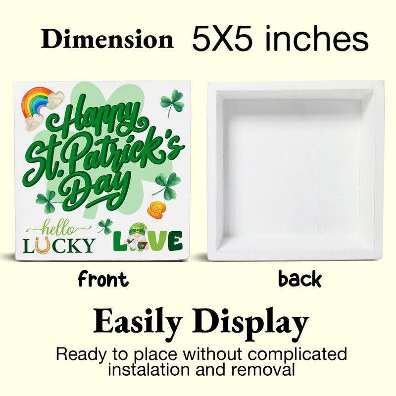 CIANMGD St. Patrick's Day Decorations  Happy St. Patrick's Day Wooden Block Sign  Shamrock Decorations  St. Patrick's Day Home Decor for Desk Table Shelf  5 X 5 Inches - Image 2