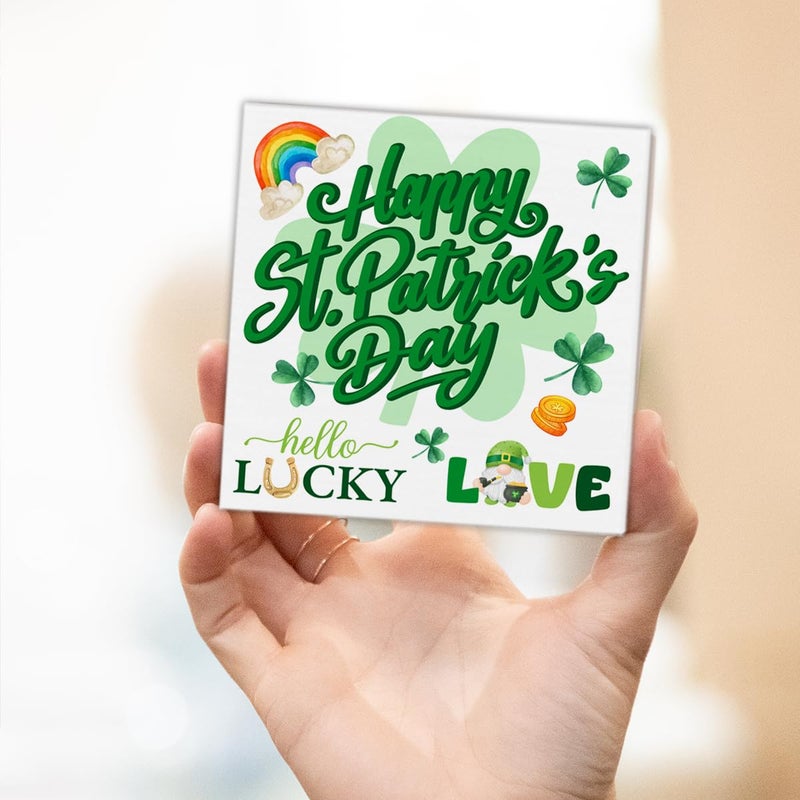 CIANMGD St. Patrick's Day Decorations  Happy St. Patrick's Day Wooden Block Sign  Shamrock Decorations  St. Patrick's Day Home Decor for Desk Table Shelf  5 X 5 Inches - Image 5