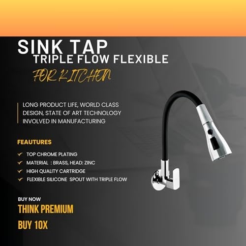 10X Brass Kitchen Sink Tap ST-45023 Flexible Neck Black Triple Flow 3 Function Shower Flow/Foam Flow/Anit Splash Wall Mount - Image 3