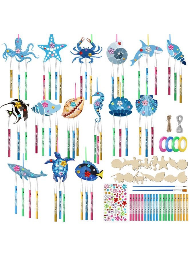 Anglechic 128 Pcs Wind Chime Kit for Kids Including 30 Wooden Summer Sea Animals 4 Rolls Ribbon 90 Wind Chime Tubes 2 Paintbrushs 1 Roll Silver Thread 1 Sheet Rhinestone Sticker for Summer Decoration - Image 1