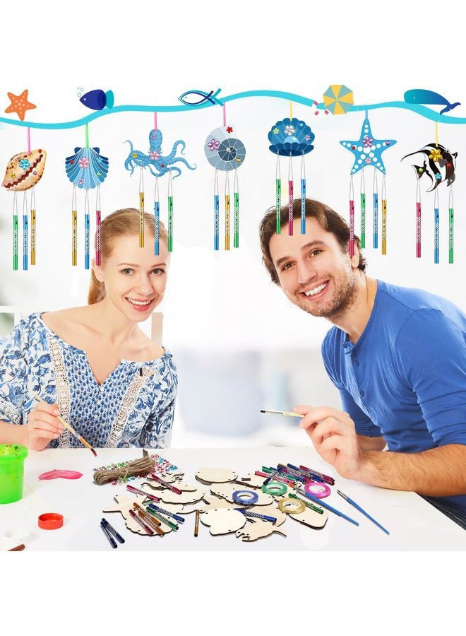 Anglechic 128 Pcs Wind Chime Kit for Kids Including 30 Wooden Summer Sea Animals 4 Rolls Ribbon 90 Wind Chime Tubes 2 Paintbrushs 1 Roll Silver Thread 1 Sheet Rhinestone Sticker for Summer Decoration - Image 2