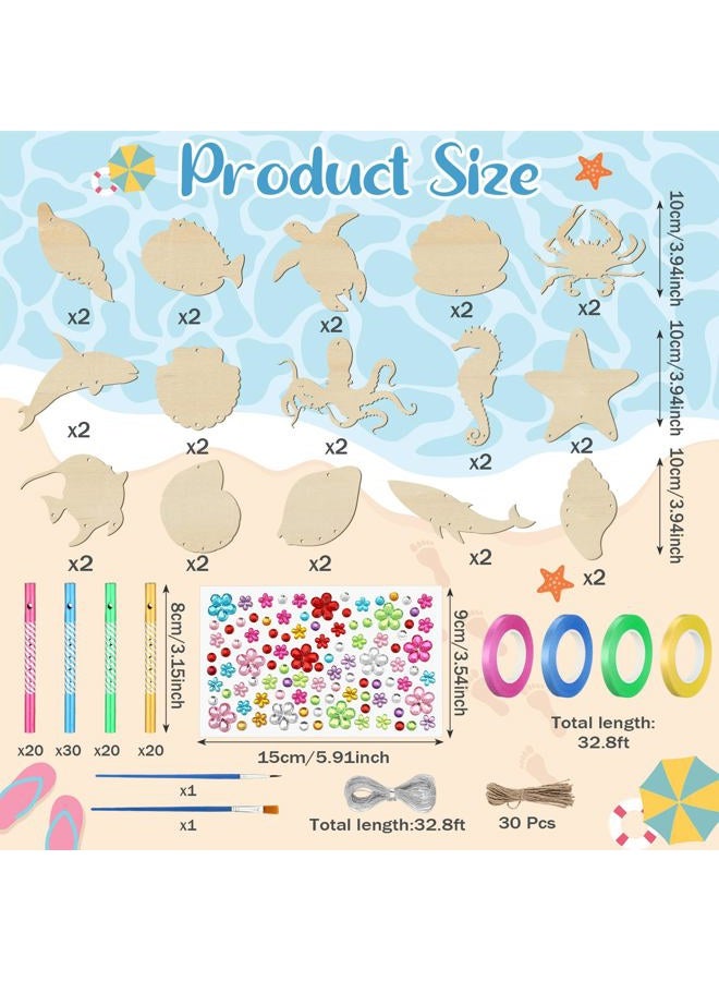 Anglechic 128 Pcs Wind Chime Kit for Kids Including 30 Wooden Summer Sea Animals 4 Rolls Ribbon 90 Wind Chime Tubes 2 Paintbrushs 1 Roll Silver Thread 1 Sheet Rhinestone Sticker for Summer Decoration - Image 3