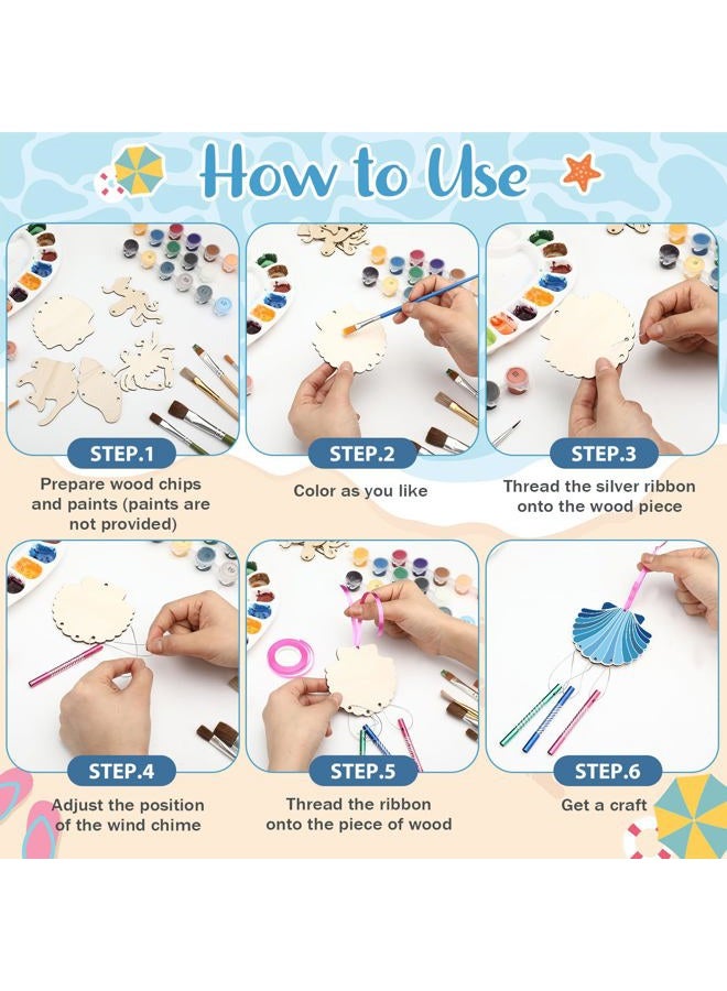 Anglechic 128 Pcs Wind Chime Kit for Kids Including 30 Wooden Summer Sea Animals 4 Rolls Ribbon 90 Wind Chime Tubes 2 Paintbrushs 1 Roll Silver Thread 1 Sheet Rhinestone Sticker for Summer Decoration - Image 5