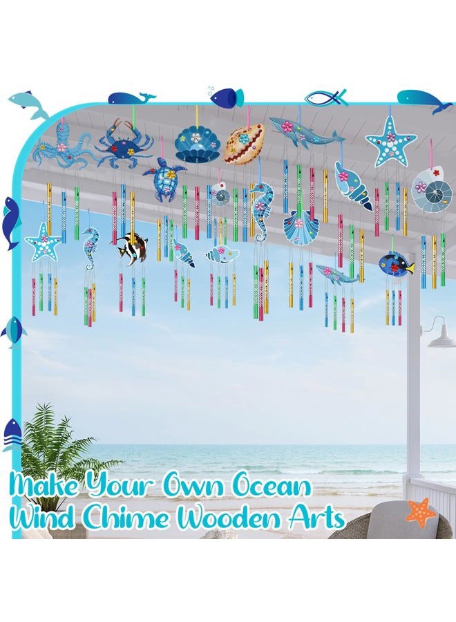 Anglechic 128 Pcs Wind Chime Kit for Kids Including 30 Wooden Summer Sea Animals 4 Rolls Ribbon 90 Wind Chime Tubes 2 Paintbrushs 1 Roll Silver Thread 1 Sheet Rhinestone Sticker for Summer Decoration - Image 4
