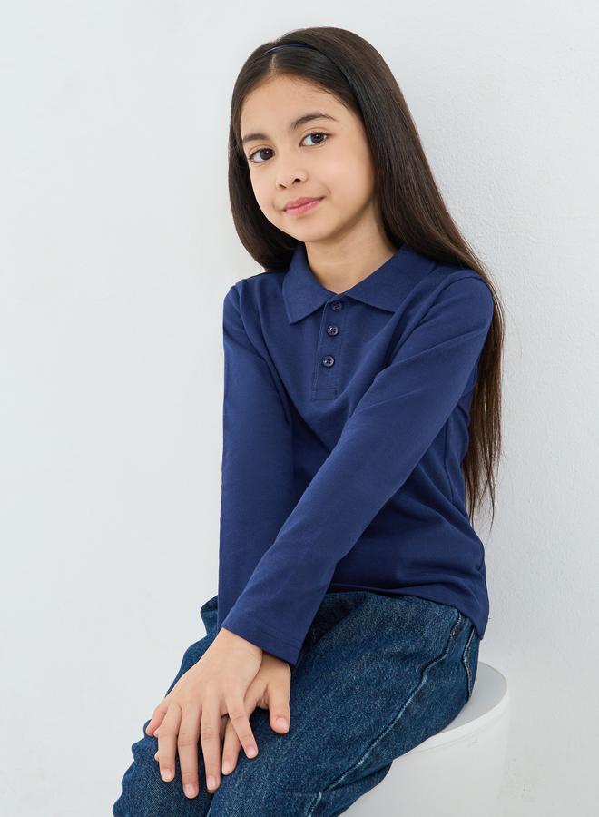 Styli Kids Navy Blue Long Sleeve Polo T-Shirt - Image 3