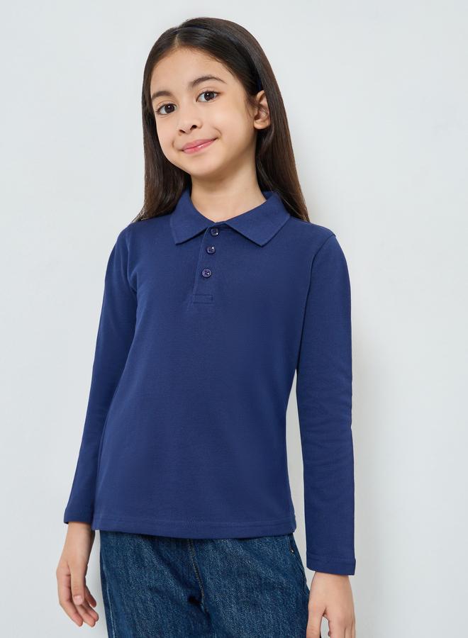 Styli Kids Navy Blue Long Sleeve Polo T-Shirt - Image 1