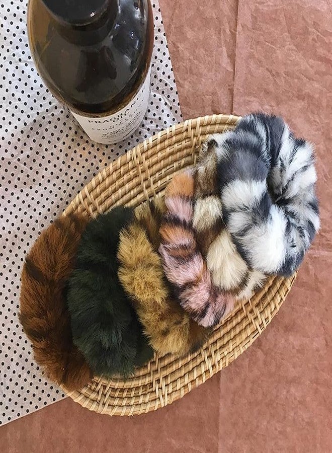 Minta 6pcs New Leopard Print Fluffy Scrunchie Faux Fur Furry Elastic Hair Ring Rope Band Tie Round Girls Scrunchies(RANDOM COLOR) - Image 1