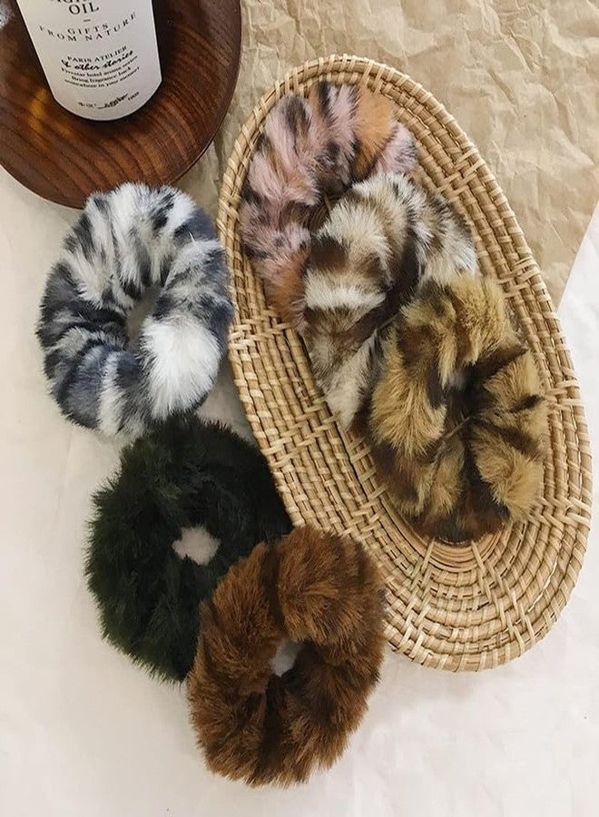 Minta 6pcs New Leopard Print Fluffy Scrunchie Faux Fur Furry Elastic Hair Ring Rope Band Tie Round Girls Scrunchies(RANDOM COLOR) - Image 5