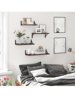 ELFSA 4pcs Rustic Wood Floating Shelves, Wall Mounted Storage Rack, Photo & Vase Display Shelf, Wall Decor, Home Decor, Aesthetics Room Decor, Storage & Organization For Bathroom, Bedroom, Living Room  - Image 2