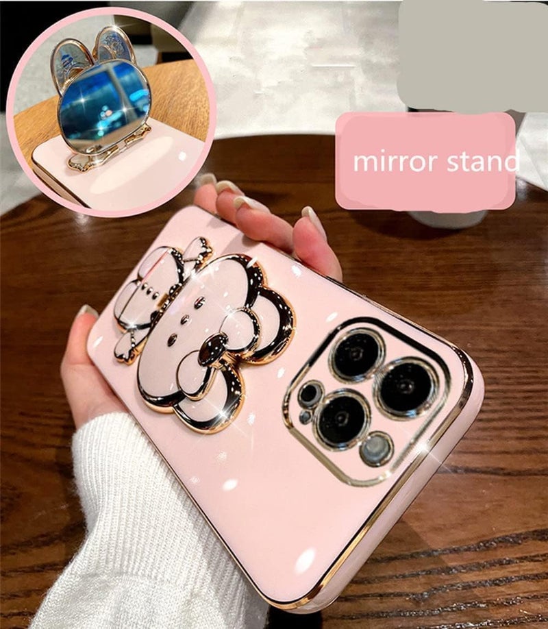 KC Back Cover for Samsung Galaxy A17 5G - Hidden Bunny Mirror Folding Bracket Kickstand Electroplated Soft Silicone Camera Protection Case - Pink - Image 3