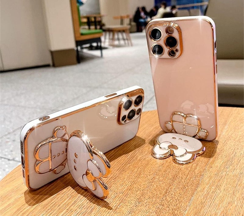 KC Back Cover for Samsung Galaxy A17 5G - Hidden Bunny Mirror Folding Bracket Kickstand Electroplated Soft Silicone Camera Protection Case - Pink - Image 5