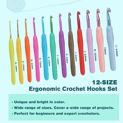 YOJOB Crochet Hooks Set (12 Sizes), Super Smooth 2.0mm-8.0mm Ergonomic Soft Grip Crochet Needle Kit with Accessories and Crochet Case - Image 2